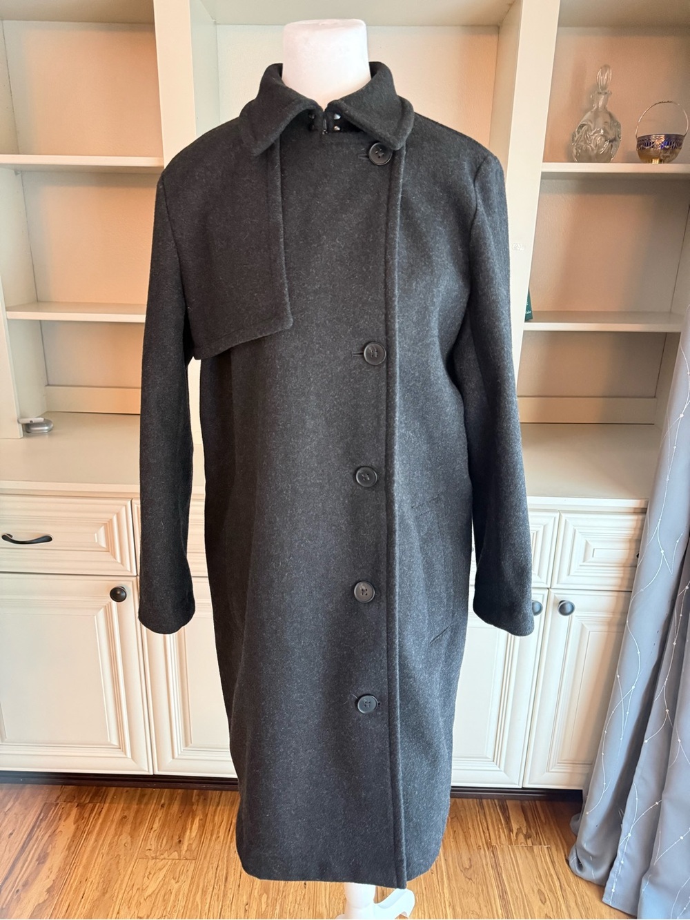 GAP Wool Blend Trench Dress Coat Dk Heather Grey Asymmetric Storm Flap Sz LP